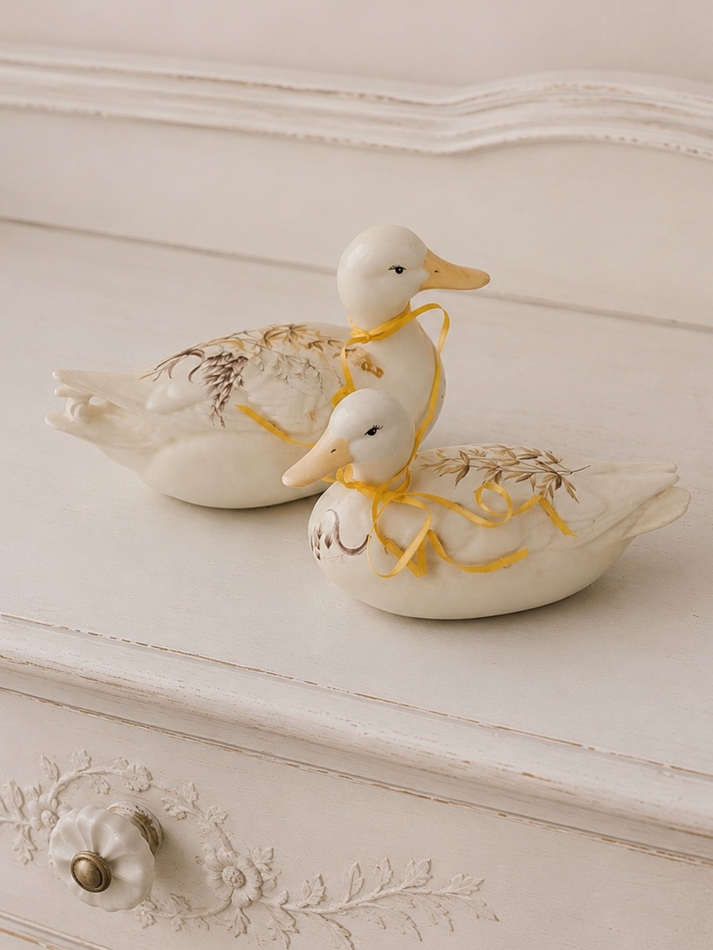 Vintage Ceramic White Duck Figurine Floral Country Cottage Farmhouse Decor 1990s